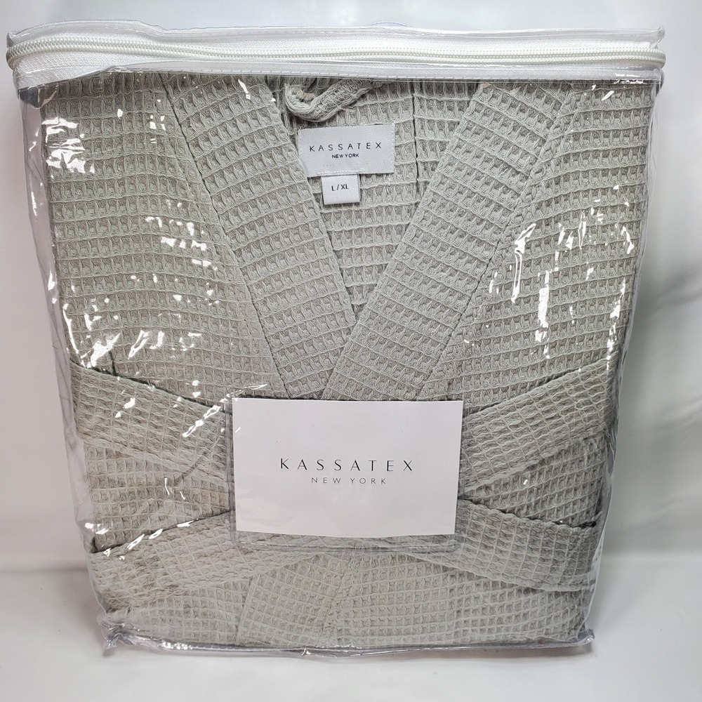 Kassatex Luxury Womens Hotel KIMONO Style Waffle BATHROBE L/XL  100% Cotton Gray